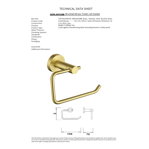 ERLA Brushed Brass Toilet Roll Holder - Image 2