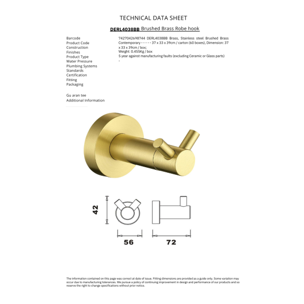 ERLA Brushed Brass Double Robe Hook - Image 2